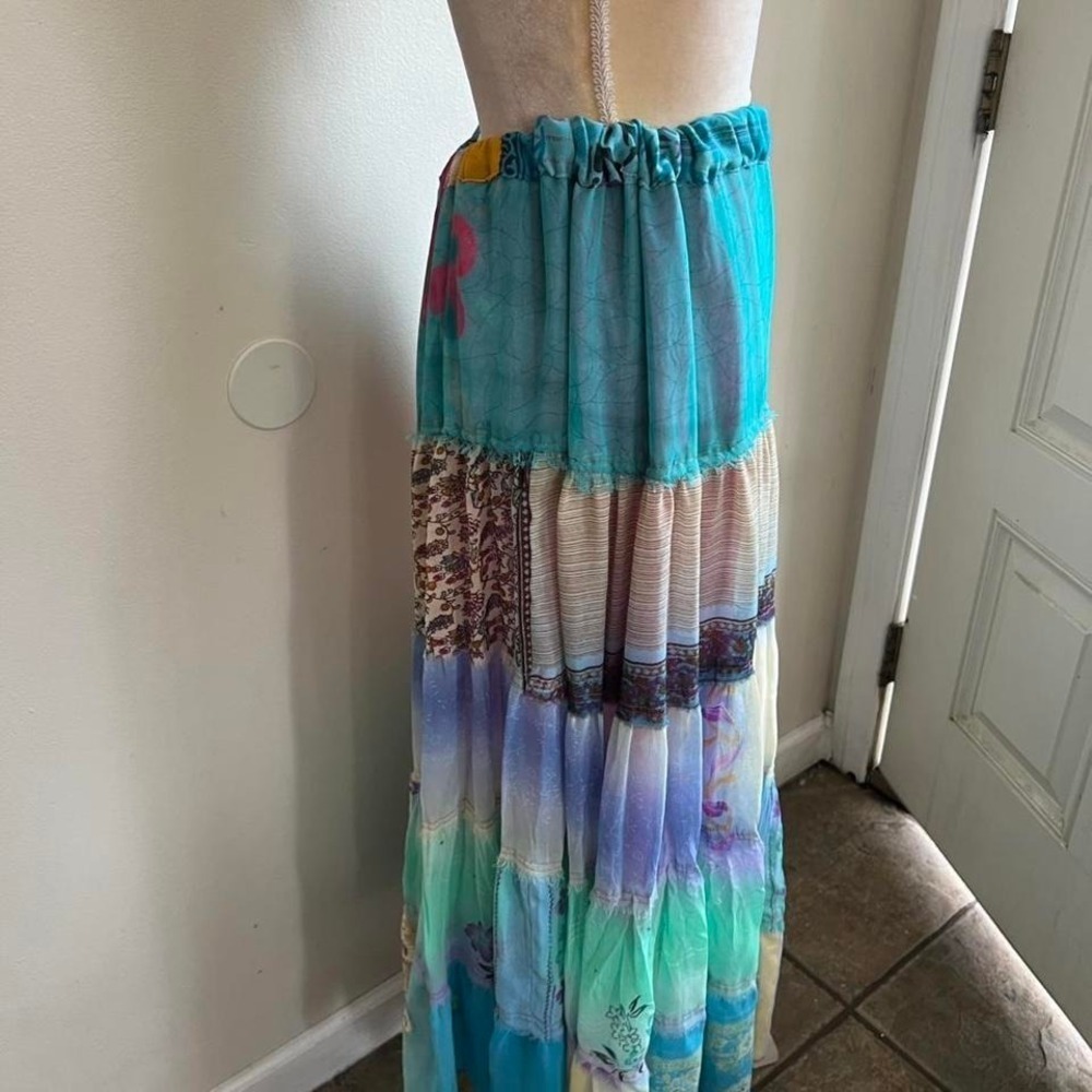 Bambu Womens Teal Purple Patchwork Tiered Boho Maxi Skirt Small - Picture 4 of 7